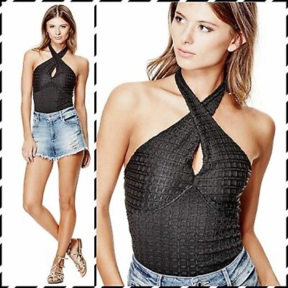Guess Womens Black Textured Halter Bodysuit